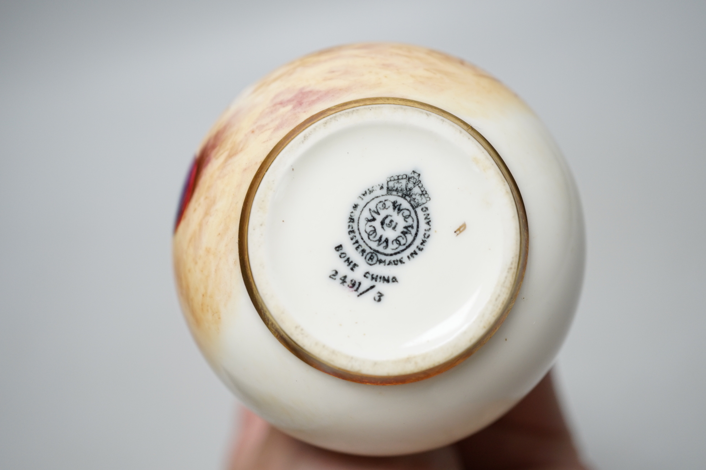 A Royal Worcester amphora shaped vase painted with fruit by Roberts, signed, black mark, shape 2491